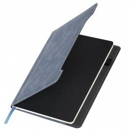 Блокнот А5 165x218мм BRAUBERG Perfect, под кожу софт-тач, держатель для ручки, 80 листов, клетка, серо-синий, 116618