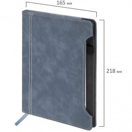 Блокнот А5 165x218мм BRAUBERG Perfect, под кожу софт-тач, держатель для ручки, 80 листов, клетка, серо-синий, 116618