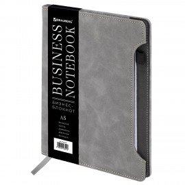 Блокнот А5 165x218мм BRAUBERG Perfect, под кожу софт-тач, держатель для ручки, 80 листов, клетка, серый, 116619