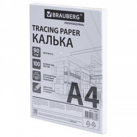 Калька А4 ВЫСОКОЙ ПРОЗРАЧНОСТИ, ПЛОТНАЯ, для печати и творчества, 90 г/м2, 100 листов, BRAUBERG, 116643