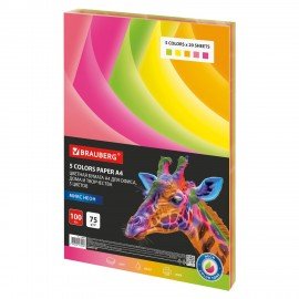 Бумага цветная BRAUBERG, А4, 75г/м, 100 л, (5цв.х20л), НЕОН, для офисной техники, 116667