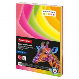 Бумага цветная BRAUBERG, А4, 75г/м, 250 л, (5цв.х50л), НЕОН, для офисной техники, 116668