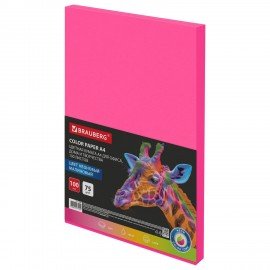 Бумага цветная BRAUBERG, А4, 75г/м, 100 л, НЕОН, розовая, для офисной техники, 116669