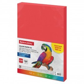 Бумага цветная ПЛОТНАЯ BRAUBERG, А4, 160г/м2, 250л, красная, интенсив, для печати, творчества, 116672