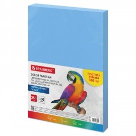 Бумага цветная ПЛОТНАЯ BRAUBERG, А4 160 г/м2, 250 л, синяя, интенсив, для печати,твор, 116673