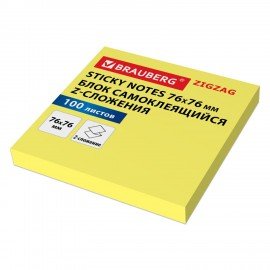 Блок самоклеящийся (стикеры) Z-сложения BRAUBERG ZigZag, 76х76мм, 100л, желтый, для диспенсера, 116681