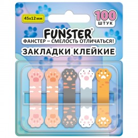 Закладки клейкие Z-сложения FUNSTER (ФАНСТЕР) "Лапки котов", 45х12 мм, 100 шт., (5 цветов х 20 листов), в диспенсере, 116691