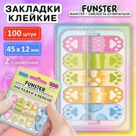 Закладки клейкие Z-сложения FUNSTER (ФАНСТЕР) "Лапки собак", 45х12 мм, 100 шт., (5 цветов х 20 листов), в диспенсере, 116693