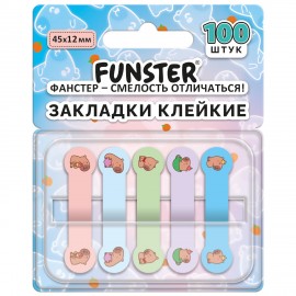 Закладки клейкие Z-сложения FUNSTER (ФАНСТЕР) "Капибары", 45х12 мм, 100 шт., (5 цветов х 20 листов), в диспенсере, 116694