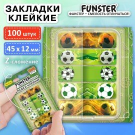 Закладки клейкие Z-сложения FUNSTER (ФАНСТЕР) "Футбол", 45х12 мм, 100 шт., (5 цветов х 20 листов), в диспенсере, 116698