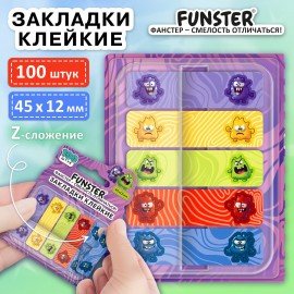 Закладки клейкие Z-сложения FUNSTER (ФАНСТЕР) "Монстрики", 45х12 мм, 100 шт., (5 цветов х 20 листов), в диспенсере, 116701