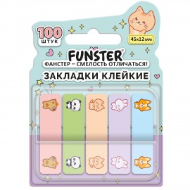 Закладки клейкие Z-сложения FUNSTER (ФАНСТЕР) "Животные", 45х12 мм, 100 шт., (5 цветов х 20 листов), в диспенсере, 116702