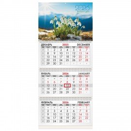 Календарь квартальный 2026г, 3 блока 3 гребня бегунок, офсет, BRAUBERG, Подснежники, 116778