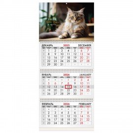 Календарь квартальный 2026г, 3 блока 3 гребня бегунок, офсет, BRAUBERG, Кот, 116780