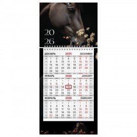 Календарь квартальный 2026г, 1 блок 1 гребень бегунок, МИНИ, офсет, BRAUBERG, Символ года 2, 116842