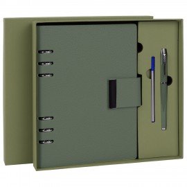 Ежедневник на кольцах в наборе с ручкой А5 165x229мм BRAUBERG "Lux", под кожу, 100 листов, зеленый, 116858