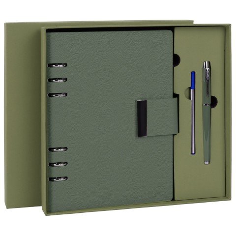 Ежедневник на кольцах в наборе с ручкой А5 165x229мм BRAUBERG "Lux", под кожу, 100 листов, зеленый, 116858