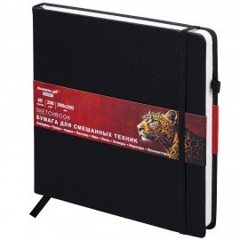 Скетчбук для смешанных техник MixMedia 200г/м 200х200мм, 60л, КОЖЗАМ, резинка, BRAUBERG ART CLASSIC, 116970