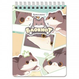 Блокнот МАЛЫЙ ФОРМАТ А6 97х145мм, 60л, гребень, картон, клетка, BRAUBERG МИЛЫЕ КОТЫ, 116987