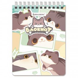 Блокнот МАЛЫЙ ФОРМАТ А6 97х145мм, 60л, гребень, картон, клетка, BRAUBERG МИЛЫЕ КОТЫ, 116987