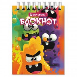 Блокнот МАЛЫЙ ФОРМАТ А7 75х105мм, 40л, гребень, картон, клетка, BRAUBERG МОНСТРИКИ, 116998