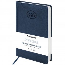 Ежедневник датированный 2026 А5 138x213мм BRAUBERG Favorite, под кожу, темно-синий, 117036