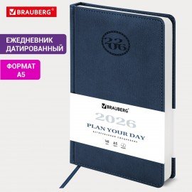 Ежедневник датированный 2026 А5 138x213мм BRAUBERG Favorite, под кожу, темно-синий, 117036