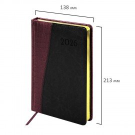 Ежедневник датированный 2026 А5 138x213мм BRAUBERG Cayman, под кожу, бордовый/черный, 117046