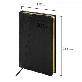 Ежедневник датированный 2026 А5 138x213мм BRAUBERG Cayman, под кожу, черный, 117047