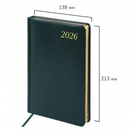 Ежедневник датированный 2026 А5 138x213мм BRAUBERG Iguana, под кожу, темно-зеленый, 117058