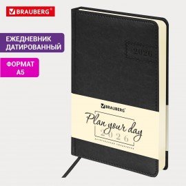 Ежедневник датированный 2026 А5 138x213мм BRAUBERG Imperial, под кожу, черный, 117063