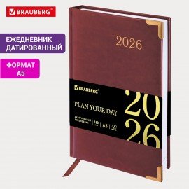 Ежедневник датированный 2026 А5 138x213мм BRAUBERG Senator, под кожу, коричневый, 117090