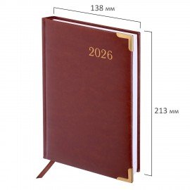 Ежедневник датированный 2026 А5 138x213мм BRAUBERG Senator, под кожу, коричневый, 117090