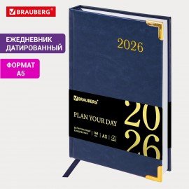 Ежедневник датированный 2026 А5 138x213мм BRAUBERG Senator, под кожу, синий, 117091