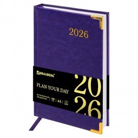 Ежедневник датированный 2026 А5 138x213мм BRAUBERG Senator, под кожу, фиолетовый, 117093