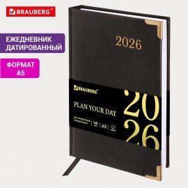 Ежедневник датированный 2026 А5 138x213мм BRAUBERG Senator, под кожу, черный, 117094