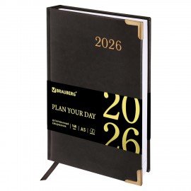 Ежедневник датированный 2026 А5 138x213мм BRAUBERG Senator, под кожу, черный, 117094