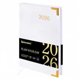 Ежедневник датированный 2026 А5 138x213мм BRAUBERG Senator, под кожу, белый, 117095