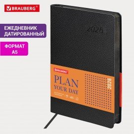 Ежедневник датированный 2026 А5 138x213мм BRAUBERG Stylish, под кожу гибкий, черный, 117097