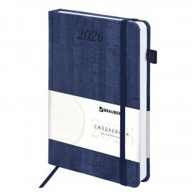 Ежедневник датированный 2026 А5 138x213мм BRAUBERG Wood, под кожу, держатель для ручки, синий, 117106