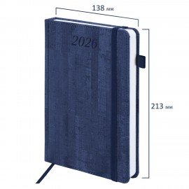 Ежедневник датированный 2026 А5 138x213мм BRAUBERG Wood, под кожу, держатель для ручки, синий, 117106