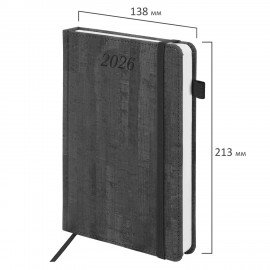 Ежедневник датированный 2026 А5 138x213мм BRAUBERG Wood, под кожу, держатель для ручки, серый, 117108