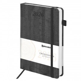 Ежедневник датированный 2026 А5 138x213мм BRAUBERG Wood, под кожу, держатель для ручки, серый, 117108