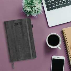 Ежедневник датированный 2026 А5 138x213мм BRAUBERG Wood, под кожу, держатель для ручки, серый, 117108