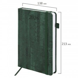 Ежедневник датированный 2026 А5 138x213мм BRAUBERG Wood, под кожу, держатель для ручки, зеленый, 117109