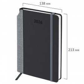 Ежедневник датированный 2026 А5 138x213мм BRAUBERG Mosaic, под кожу, карман для ручки, черный, 117114