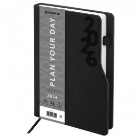 Ежедневник датированный 2026 А5 150x213мм BRAUBERG Up, под кожу софт-тач, держатель для ручки, черный, 117116