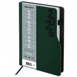Ежедневник датированный 2026 А5 150x213мм BRAUBERG Up, под кожу софт-тач, держатель для ручки, зеленый, 117117