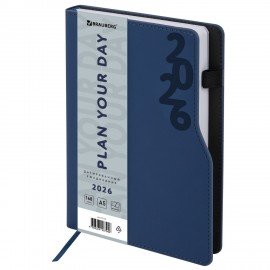 Ежедневник датированный 2026 А5 150x213мм BRAUBERG Up, под кожу софт-тач, держатель для ручки, синий, 117118
