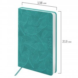 Ежедневник датированный 2026 А5 138x213мм BRAUBERG Foliage, под кожу гибкий, бирюзовый, 117127